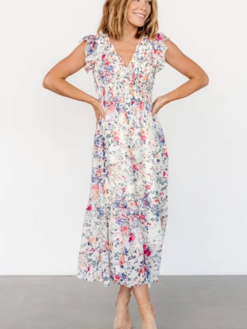 Baltic Born Arla Smocked Maxi Dress in Cream Floral Fairycore Ethereal Sz Large